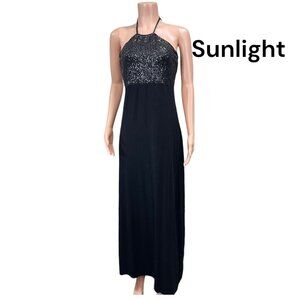 Tommy Bahama Women SZ Small Black Sequined Maxi Dress Halter Neck Stretchy